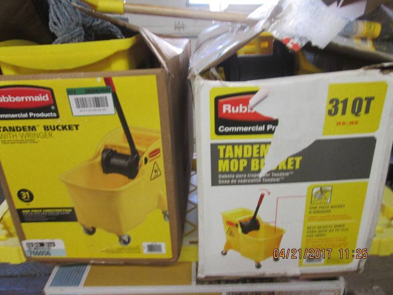 lot 110 image: 2 yellow mop buckets and a mop  and...