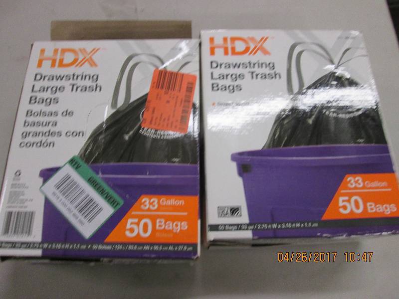 lot 216 image: 2 boxes of hdx 33 gallon drawstring...
