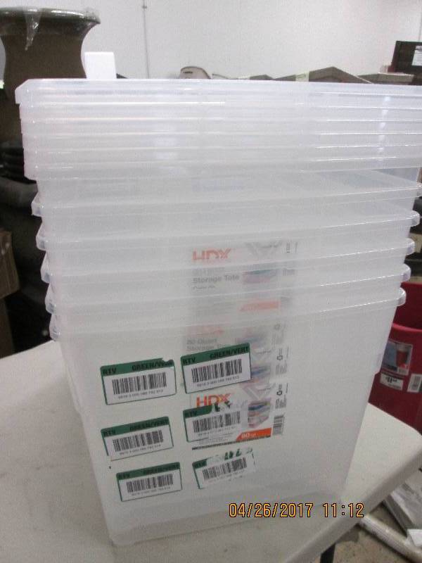 lot 232 image: 6 hdx 80 quart storage totes with c...