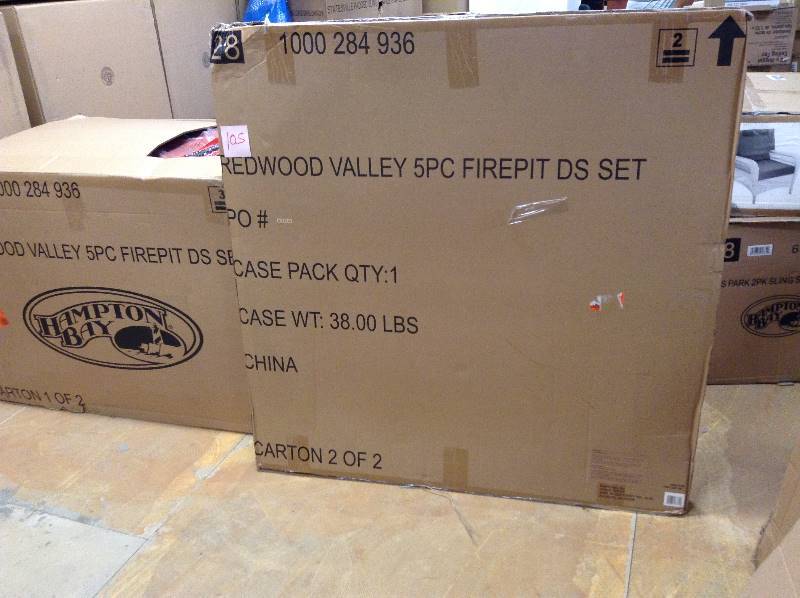 lot 105 image: Hampton Bay Redwood Valley 5-Piece Patio Fire Pit Seating Set with Quarry Red Cushions