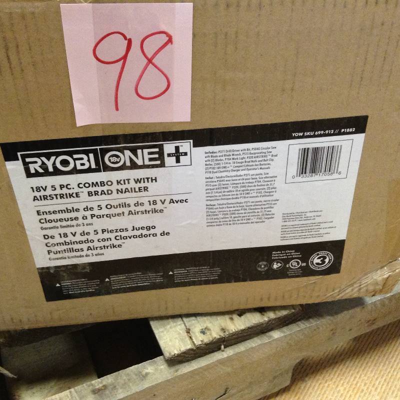 lot 98 image: Ryobi 18V One Plus 5 PC Combo Kit with Airstike Brad Nailer