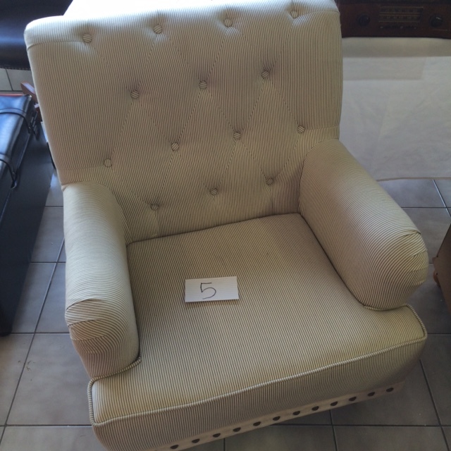 lot 4 image: Medium size arm chair with cream and grey pinstripes.