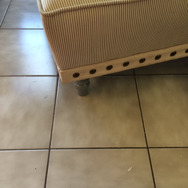 lot 5 image: Medium size arm chair with cream and grey pinstripes.