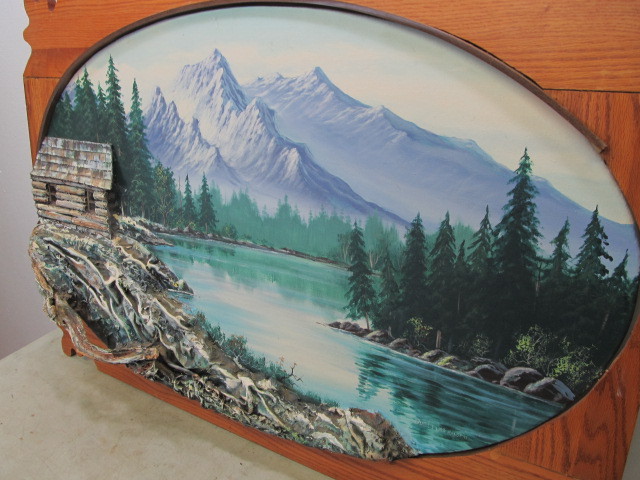 lot 62 image: Large Framed Vintage 3D Cabin in The Mountains Oil Painting