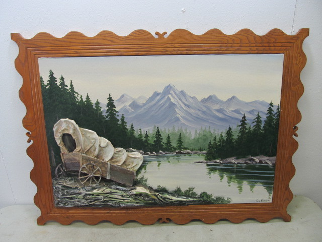 lot 63 image: Large Vintage Framed 3D Stagecoach Oil Painting