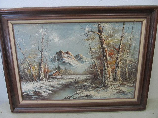 lot 64 image: Signed Vintage Cabin in the Woods Oil Painting