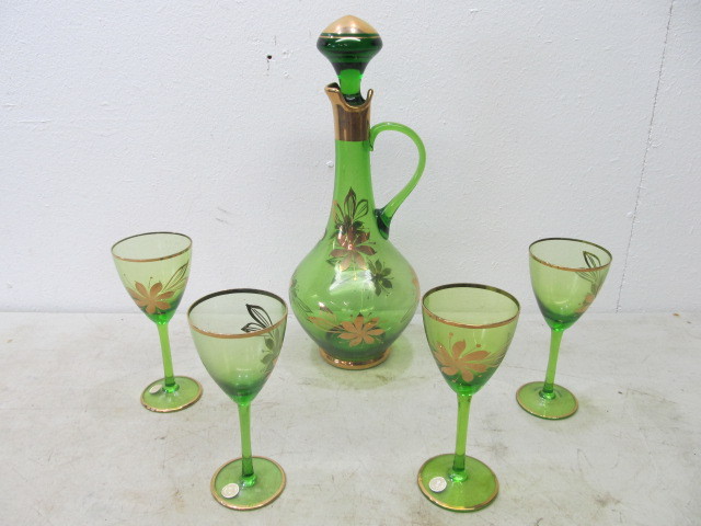 lot 68 image: Vintage Romanian Green Glass Decanter &amp Glass Set