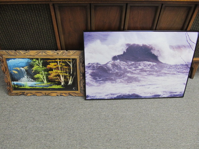 lot 77 image: Framed OceanWave Art &amp Oil on Velvet Painting