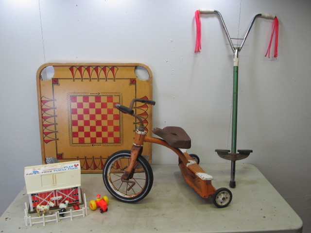 lot 133 image: Vintage Tricycle, Carom Board, Pogo Stick &amp Fisher Price Barn