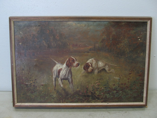 lot 134 image: Antique Oil on Canvas Painting - Hunting Dogs