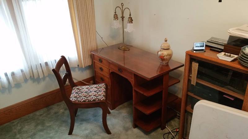 lot 10 image: Petite Vintage Desk & Antique Needlepoint Chair