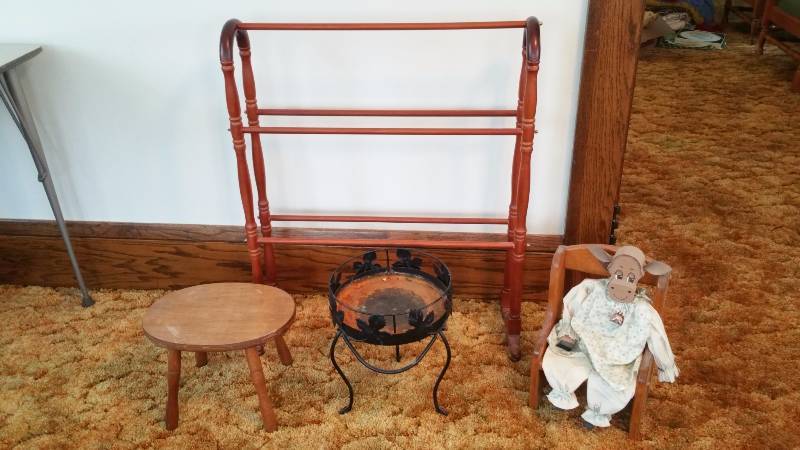 lot 21 image: Blanket Rack, Stool, Plant Stand, Wooden Cow on Chair