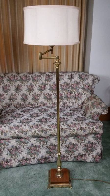 lot 30 image: Vintage Brass & Wood Floor Lamp w Milkglass Shade