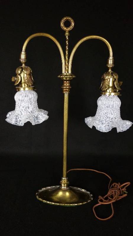 lot 33 image: Victorian Double Brass Table Lamp w Shades