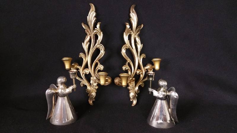 lot 106 image: Mid Century Syroco Candle Holders & Vintage Metal Angel Candel Holders