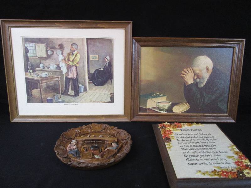 lot 51 image: Carved & Handpainted Wooded Plate  Group of Religious Prints