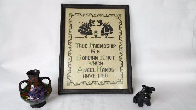 lot 101C image: Victorian Cross Stitch Framed, Regina Gouda Holland Vase, De Lee Pottery Scotty Dog