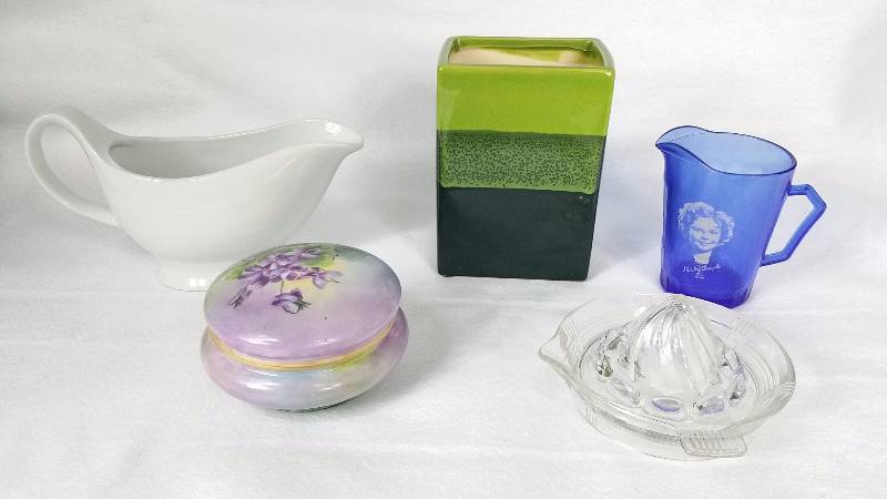 lot 104A image: Shirley Temple Cobalt Creamer, Porcelain, Vintage Glassware, Etc