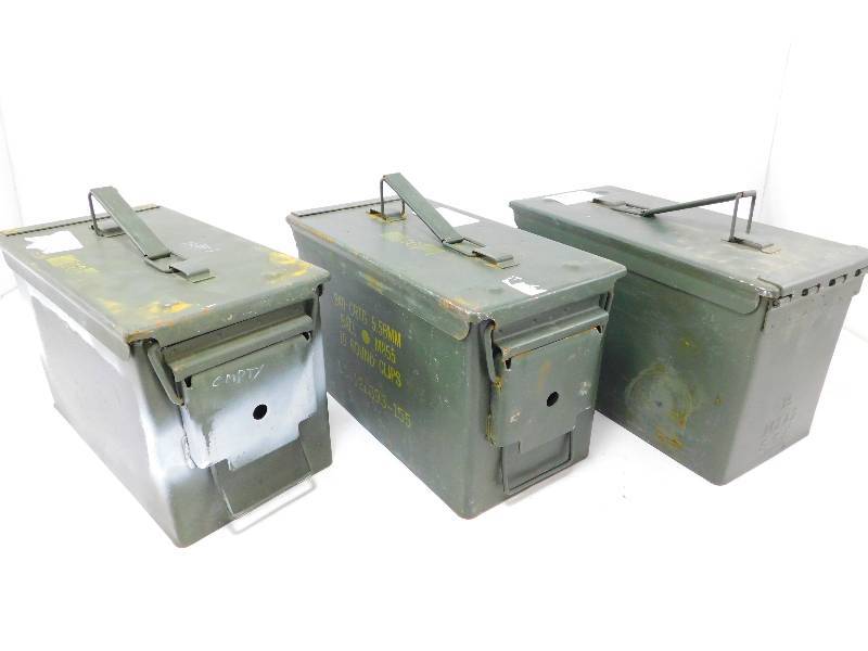 lot 54 image: Lot of 3 used U.S. Military Waterproof .50 Cal Ammo Cans