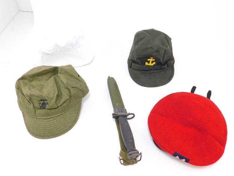 lot 59 image: U.S. Military M7 Bayonet with Scabbard & 4 Military Hats