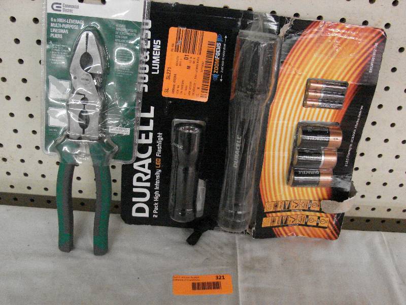 lot 321 image: MULTI PURPOSE LINEMAN PLIERS AND FLASHLIGHT WITH BATTERIES