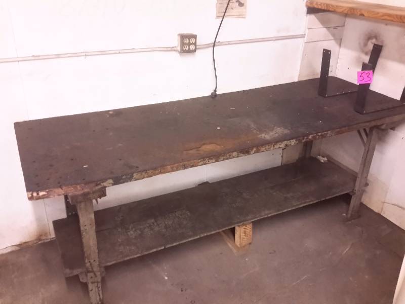 lot 53 image: Work Table with shelf.. Wood topframe, but legs Metal.