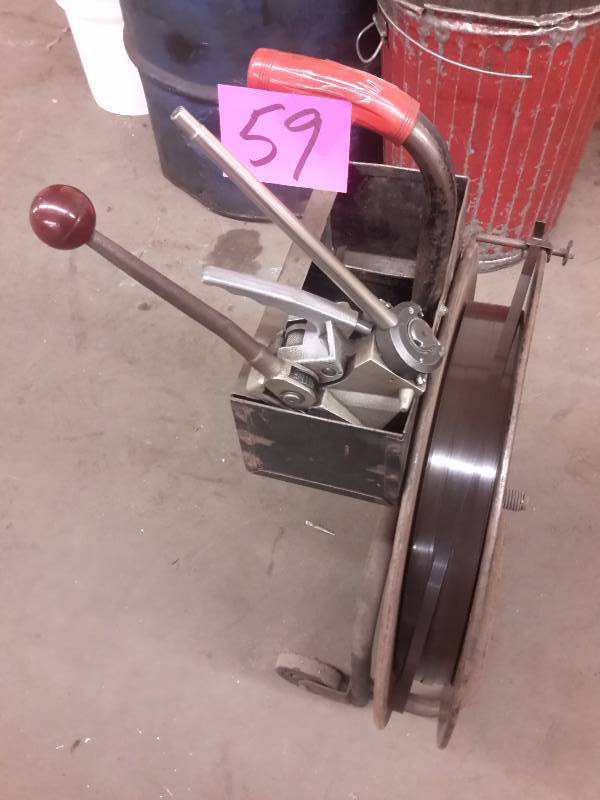 lot 59 image: Metal Straping machine on cart.  Works well.