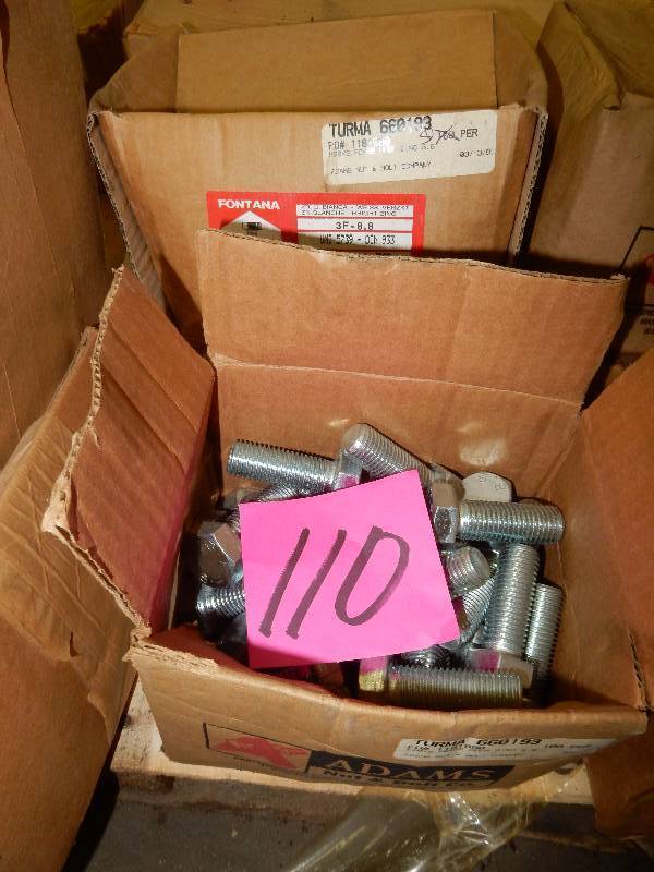 lot 110 image: 2 boxes Hex head bolts.  See closeup picture for dimensions