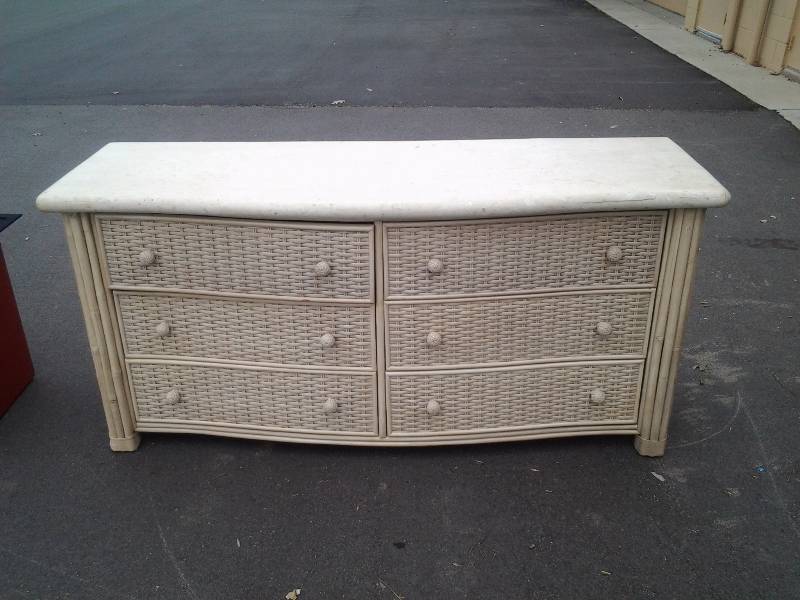lot 1 image: 6 Drawer Dresser Rattan With Marble Top