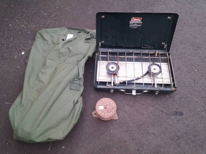 lot 46 image: Coleman Propane 2 Burner Cook Stove, Army Duffel, Rattle Reel
