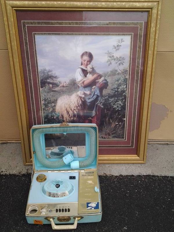 lot 50 image: Very Old Portable Dominion Brand Hair Dryer & Girl With Lamb Picture 32x25