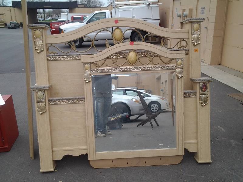 lot 61 image: Ornate Queen Size Head Board, Foot Board, Rails & Mirror By Ashley Furniture Co.