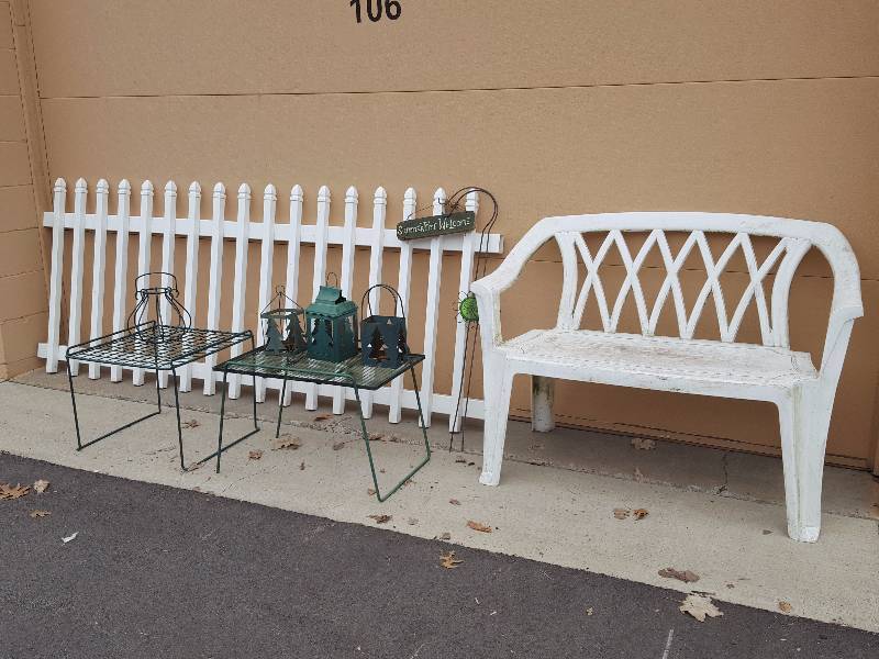 lot 73 image: 7-12 Foot Plastic Picket Fence, 45-Inch Bench, 2-Metal Side Tables, Asst Lanterns & Shepherd Hooks