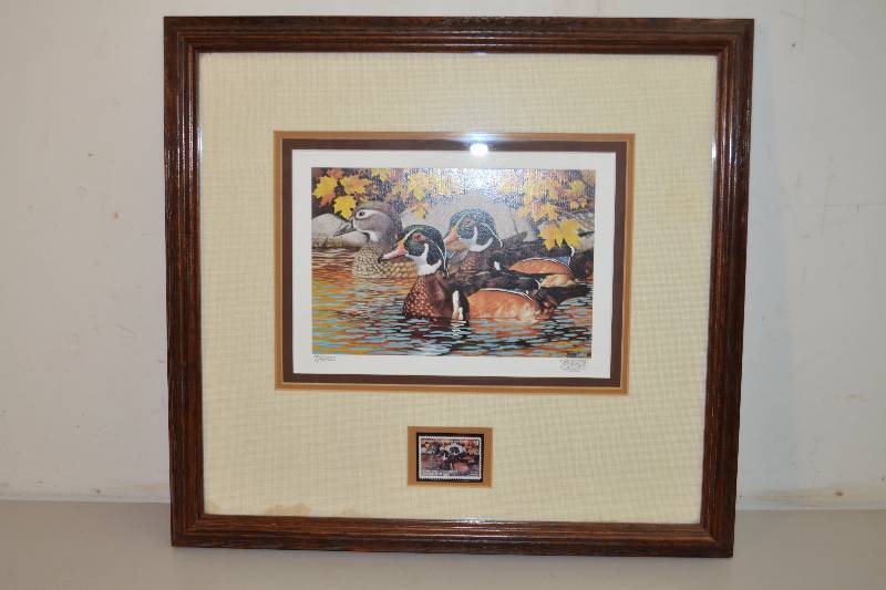 lot 137 image: Vintage #7 Wood Duck Printed Painting and Stamp