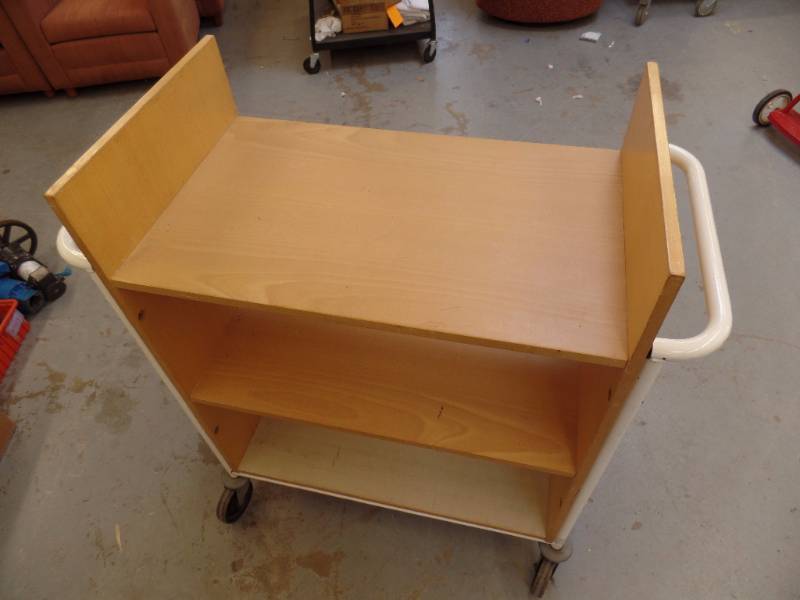 WOOD LAMINATE AND METAL LIBRARY CART