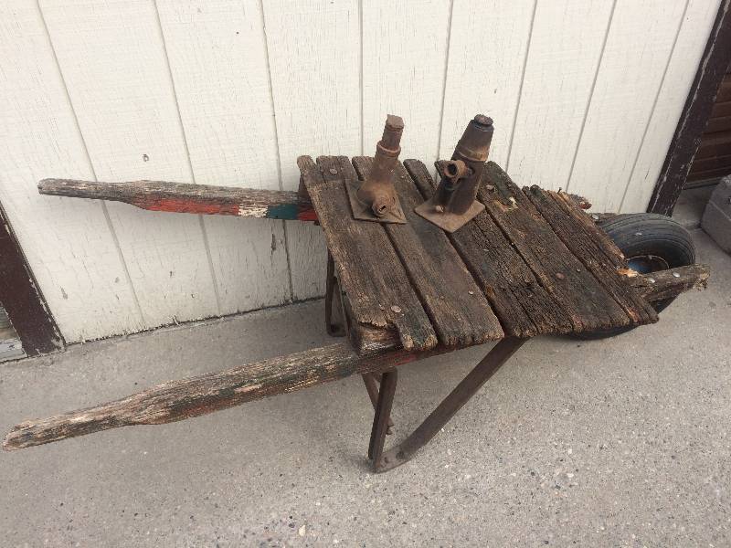 lot 48 image: Antique Wooden Wheelbarrow wBottle Jacks
