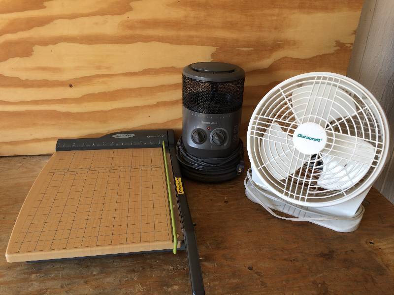lot 76 image: Fan, Heater and Paper Cutter