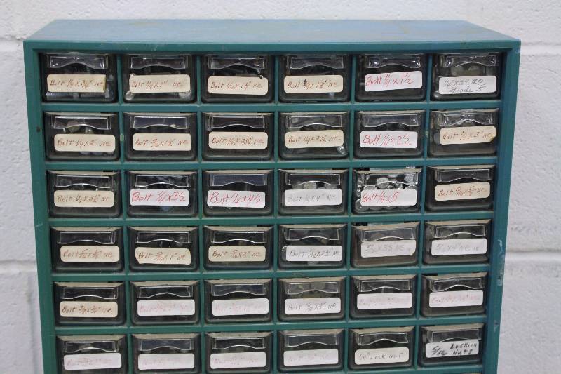 lot 102A image: Organizing Storage Metal Shelf with Drawers  60 Drawers