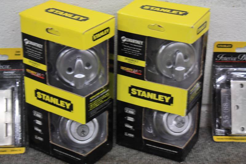 lot 115A image: Stanley Deadbolt & Door Hinges Set  Satin Nickel