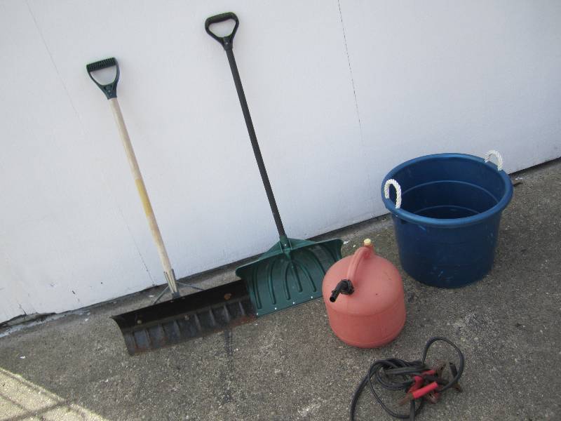 Snow shovels, gas can, bucket, jump...