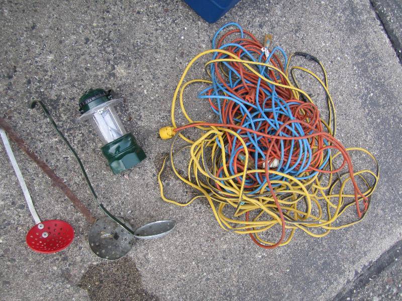 Extension cords, lantern and scoops...