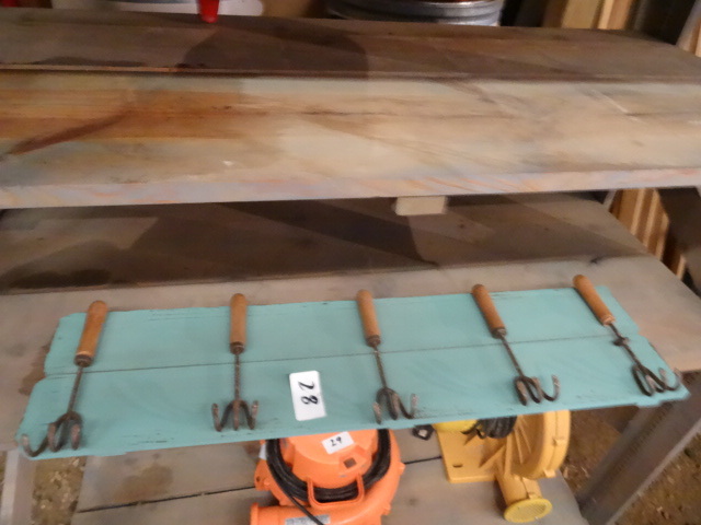 lot 28 image: Homemade wall hanging coat rack....