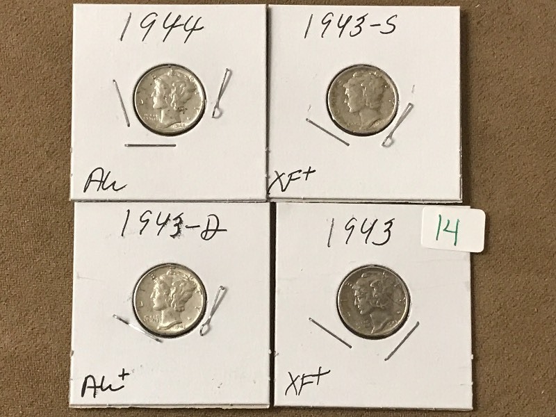 (4) Mercury Dimes, 1940s...