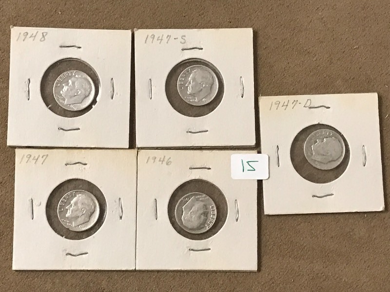 (5) Silver Roosevelt Dimes, 1946, 1...