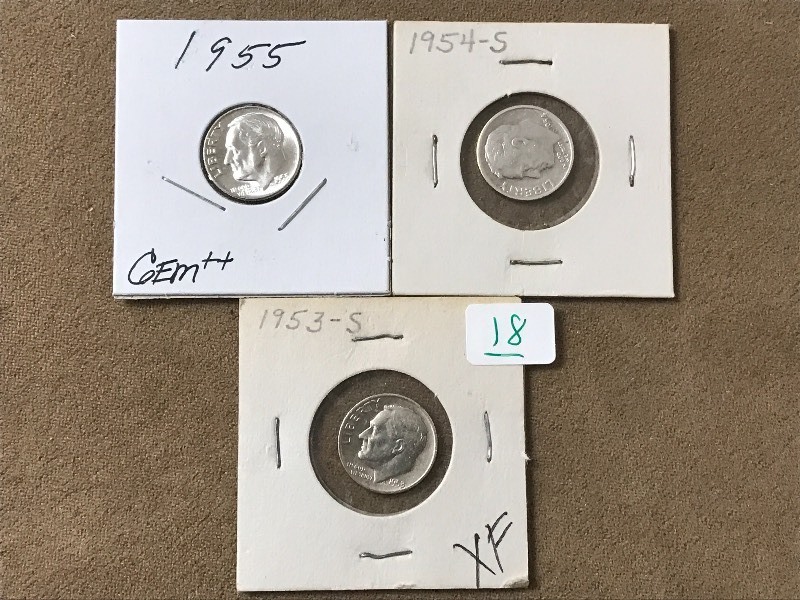 (3) Silver Roosevelt Dimes, 1950s ...