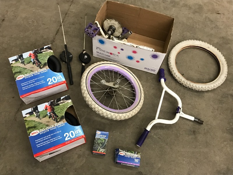 lot 26 image: Box Of Assorted Bike Parts, Bicycle...