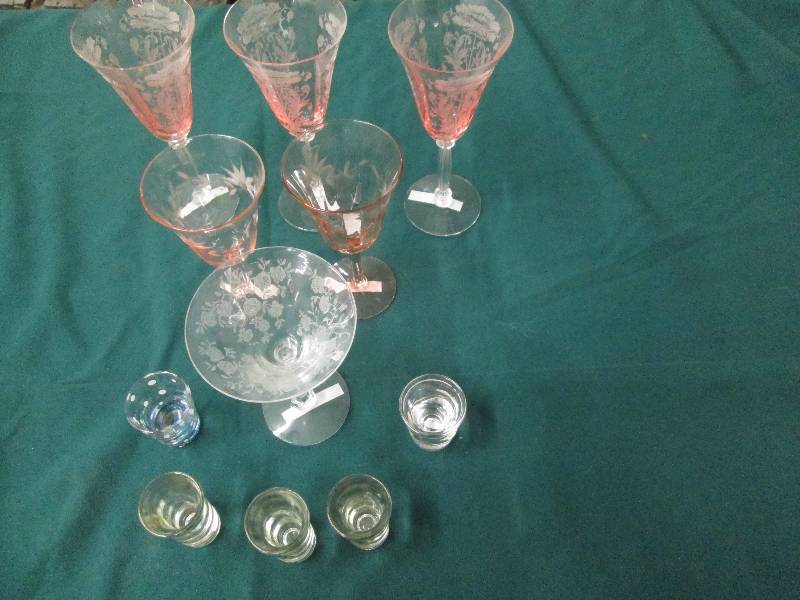 Lot of 5 Shot Glasses, 5 Pink Stemm...