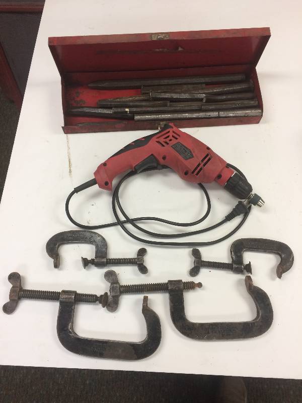Drill, C-Clamps, and Chisels