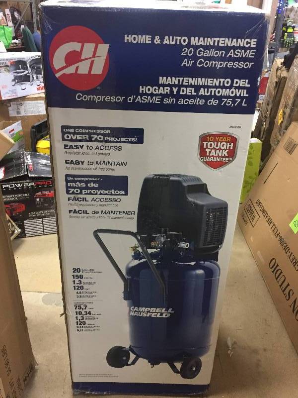 lot 85 image: Campbell Hausfeld HU502000AV 1.3 HP 20 Gallon Oil-Free Wheeled Vertical Air Compressor in like new working conditions