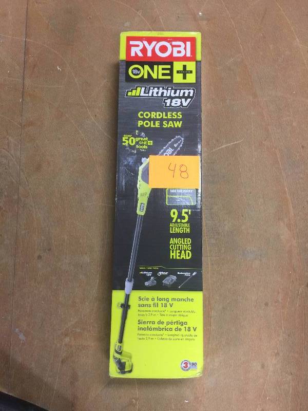 lot 47 image: Ryobi ONE 8 in. 18-Volt Lithium-Ion Cordless Pole Saw battery and charger are include open box never used